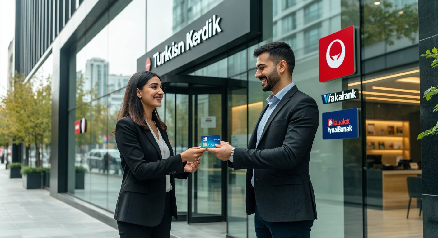 A modern Turkish bank branch with a sleek glass facade, where a well-dressed banker hands a shiny World Kart to a smiling customer, surrounded by the logos of Yapı Kredi, VakıfBank, Albaraka, Anadolubank, and TEB subtly displayed in the background.