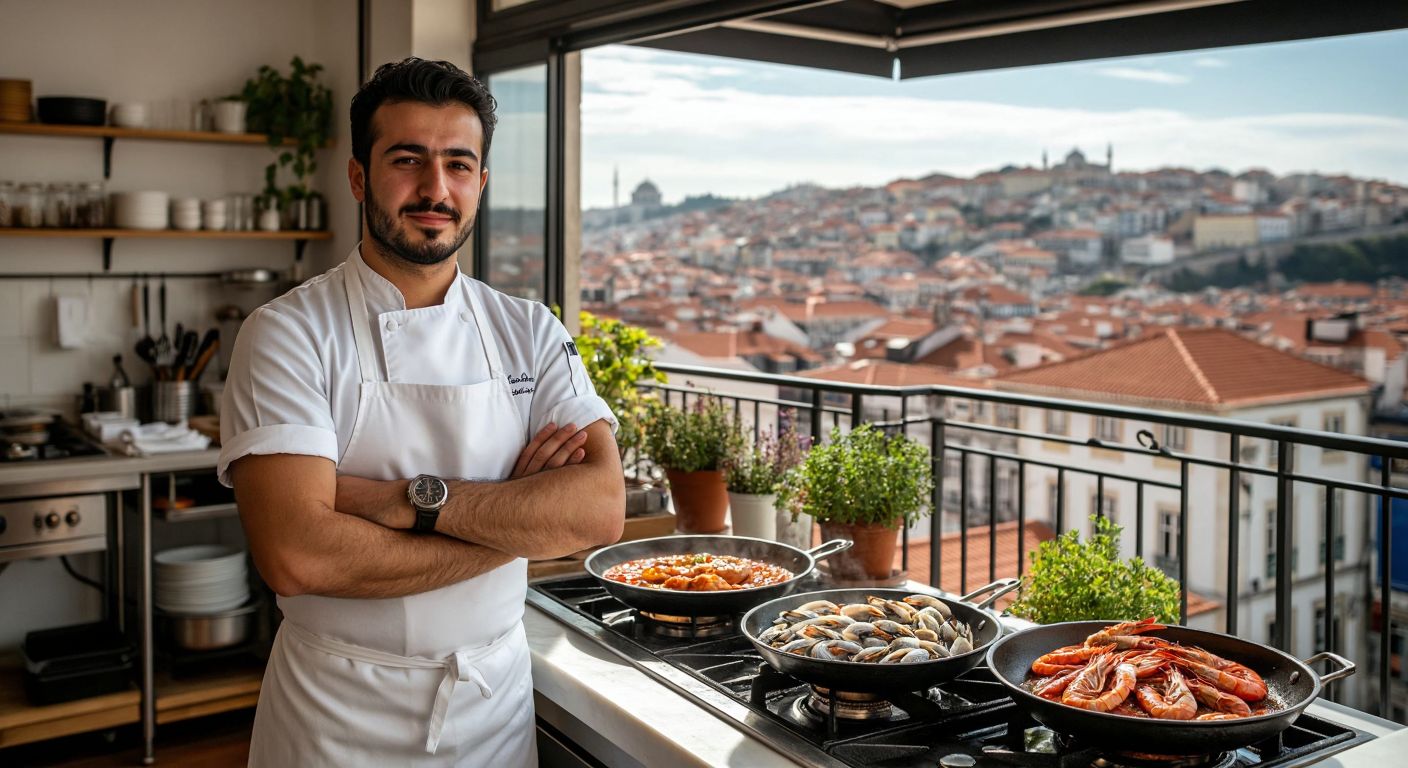 A confident Turkish chef in a white apron stands proudly in a modern Istanbul restaurant kitchen, while a separate scene shows a European chef in Lisbon preparing seafood with a view of the city's red rooftops.