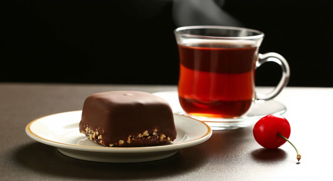 A single cherry-flavored Eti Popkek on a small plate beside a steaming cup of Turkish tea, with a bright red cherry placed next to it.