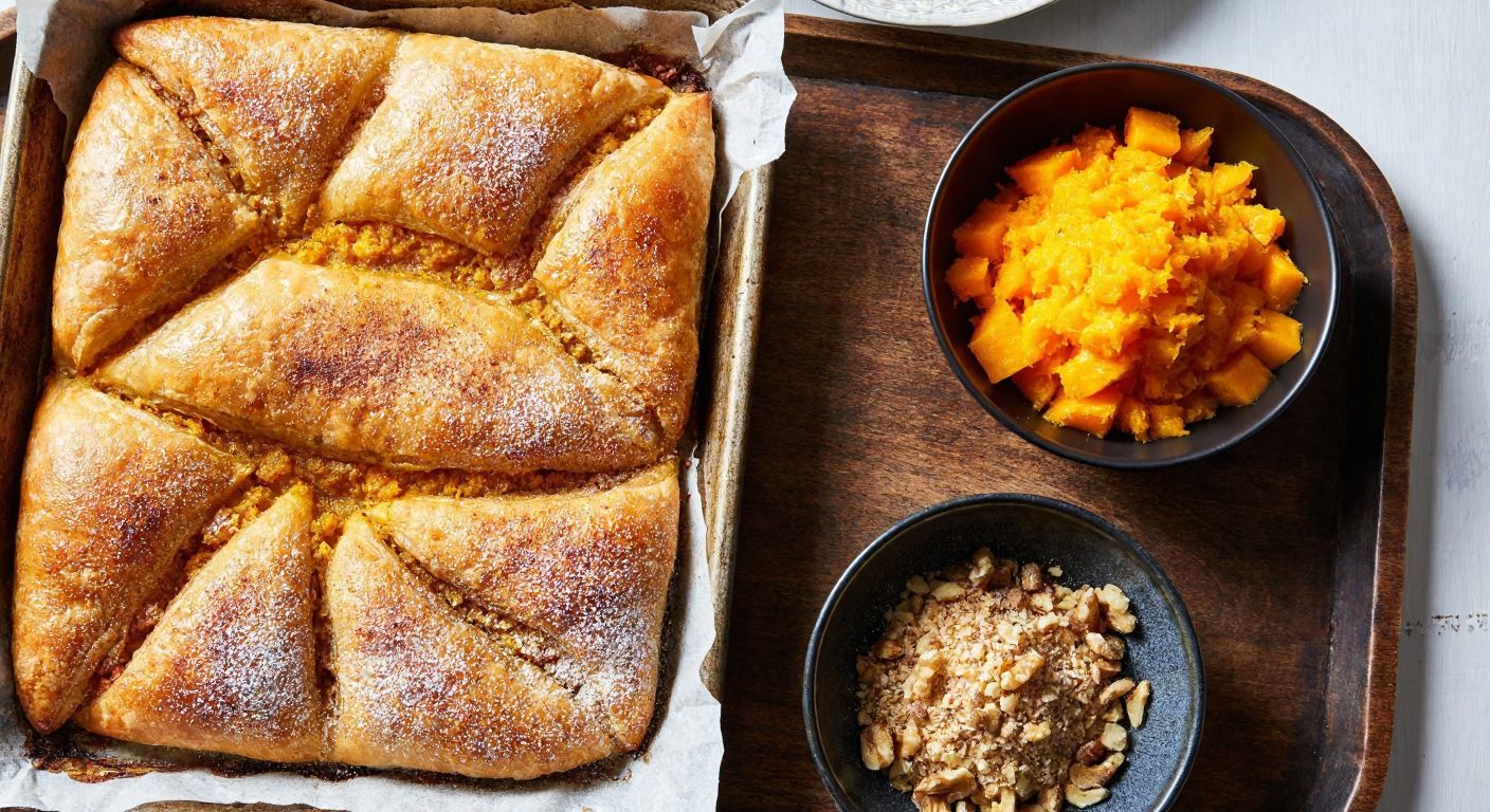 A warm, golden-brown pumpkin börek, dusted with powdered sugar and cinnamon, sits on a rustic wooden tray beside a bowl of freshly grated pumpkin and crushed walnuts, evoking the cozy aroma of a Turkish kitchen.