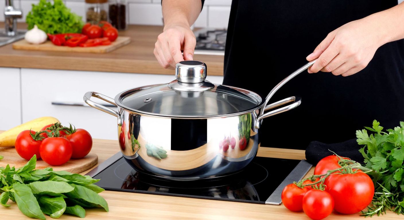 A shiny stainless steel pot with a 30 cm diameter sits on a Turkish kitchen counter, surrounded by fresh vegetables and herbs, while a person measures its depth with a wooden spoon.