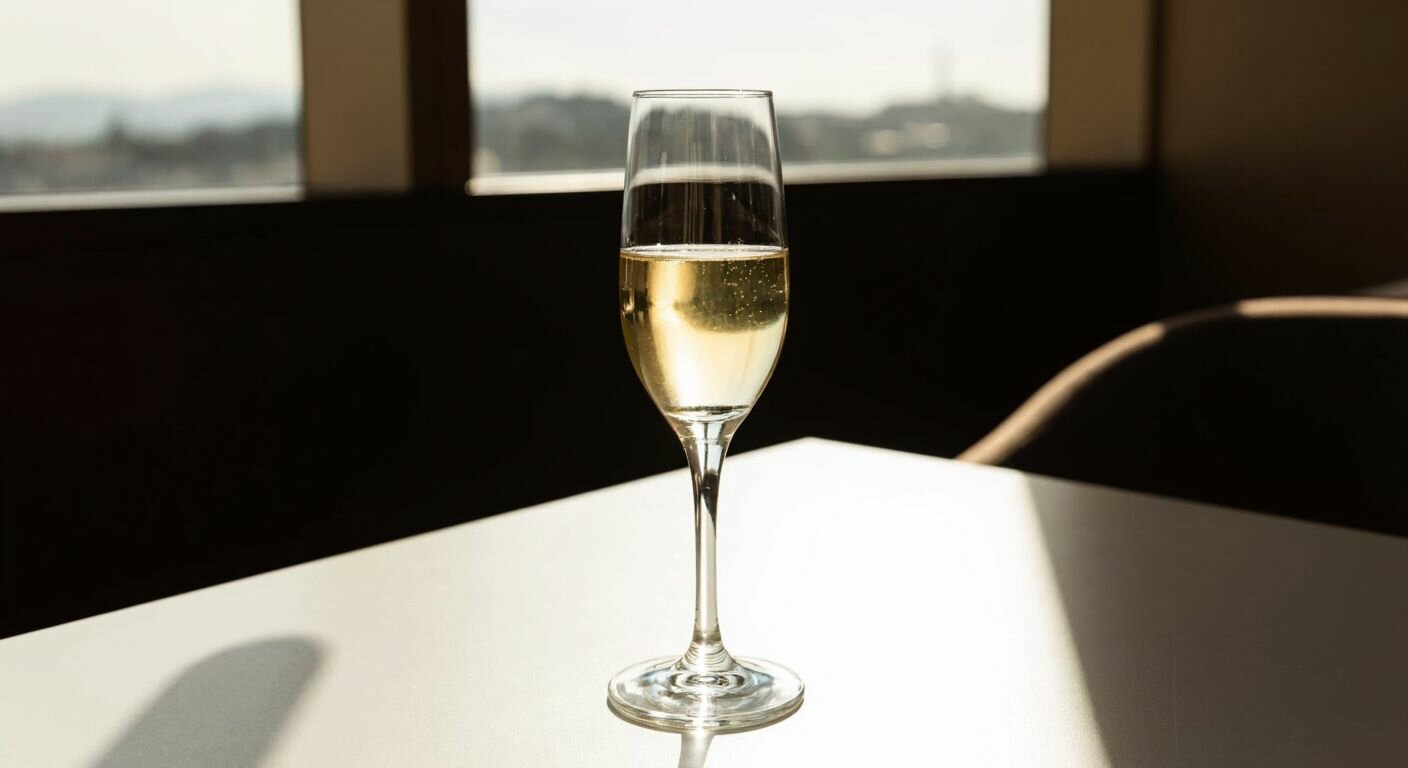 A sleek, crystal-clear champagne flute from Paşabahçe, elegantly placed on a sunlit table in a Turkish café, reflecting light with a golden beverage inside.