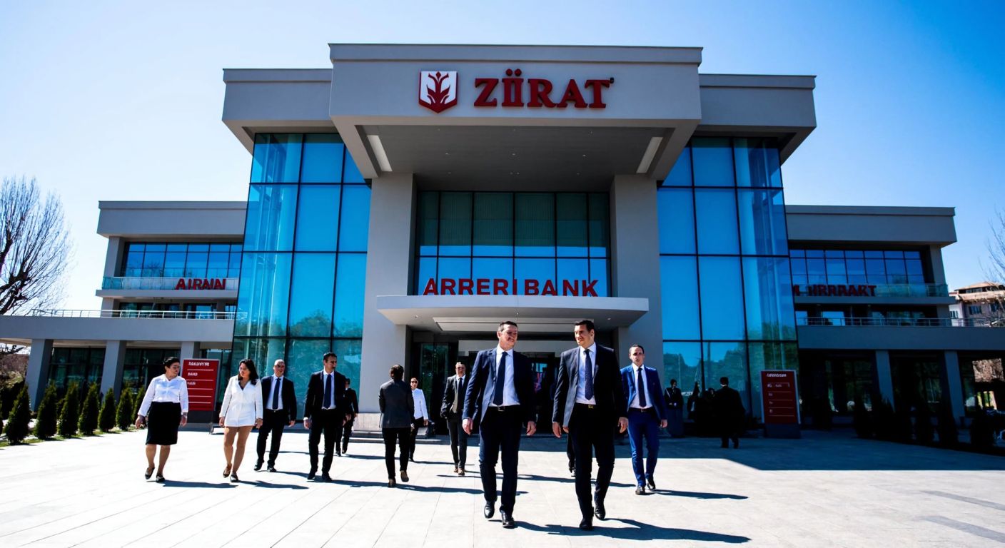 A modern bank building in Ankara with the Ziraat Bank logo prominently displayed, surrounded by people in business attire confidently walking in and out, under a clear blue sky.