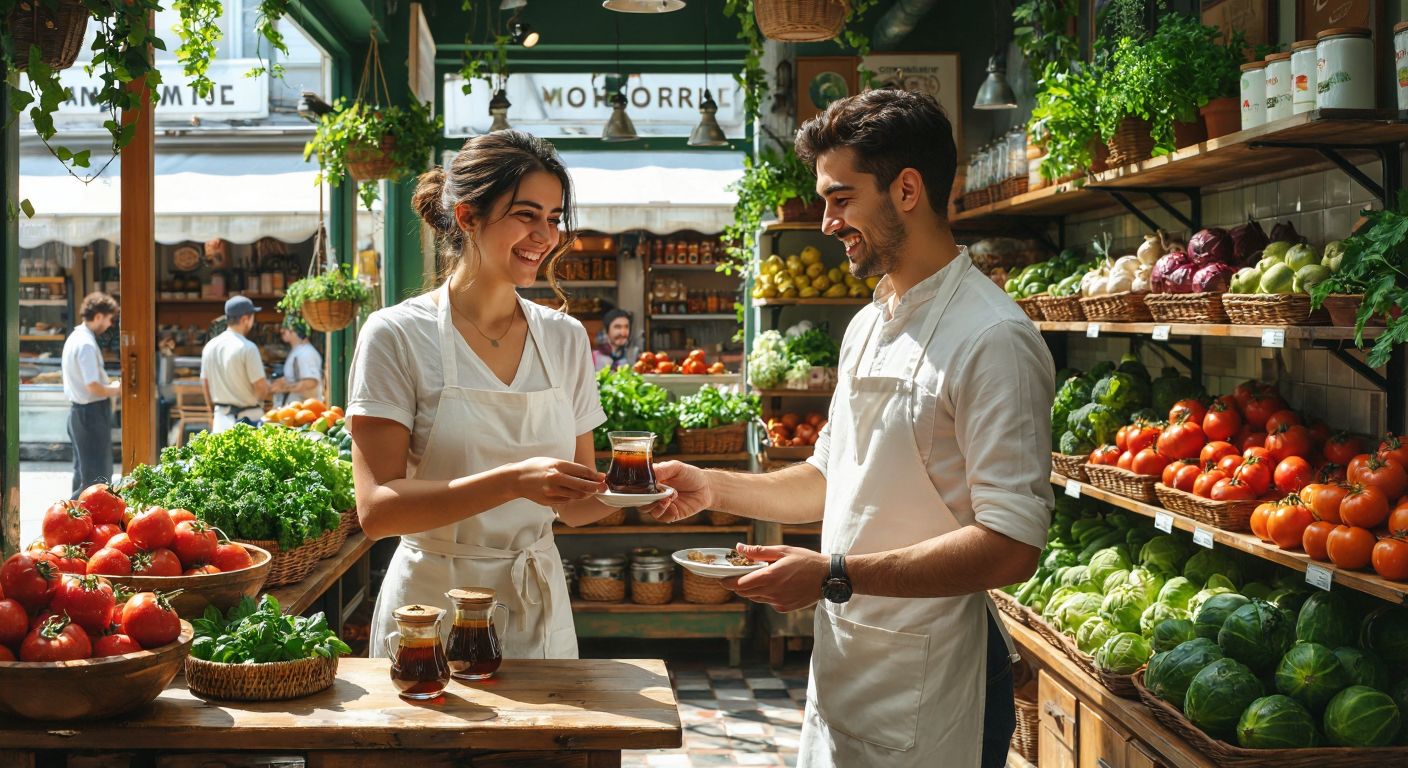 A cheerful cafe worker in a crisp white apron serves Turkish coffee to a customer while a market employee in a neat uniform restocks shelves with fresh produce in a bright, bustling cafe-market hybrid space.