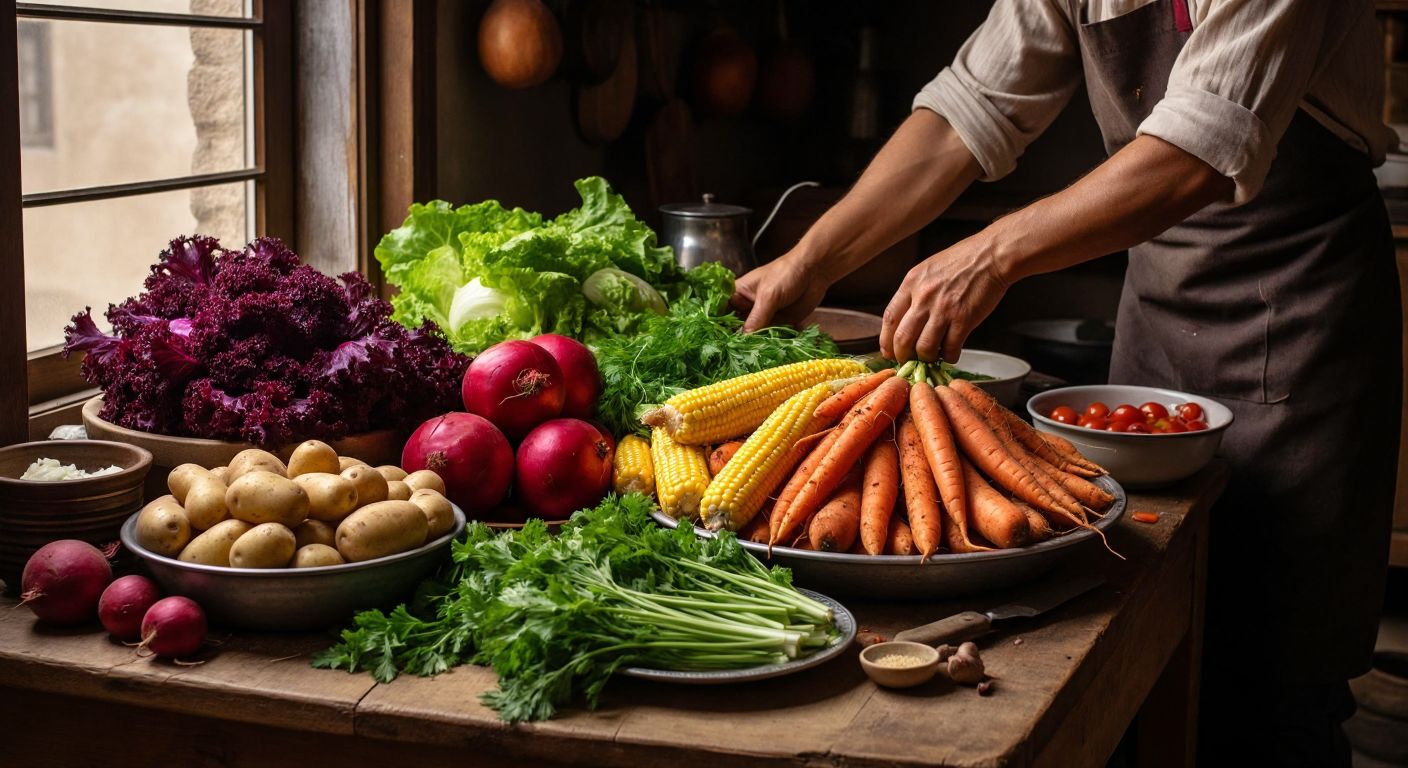 A rustic wooden table in a Turkish kitchen holds a colorful spread of fresh vegetables, with a stern hand pushing away a pile of starchy potatoes, corn, sweet potatoes, and beets while a satisfied smile lingers over leafy greens and zucchini.