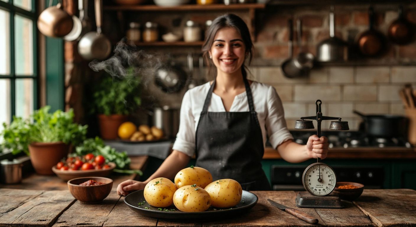 A steaming plate of three golden-brown boiled potatoes sits on a rustic wooden table in a Turkish kitchen, with a smiling woman in an apron holding a scale to symbolize balanced consumption.