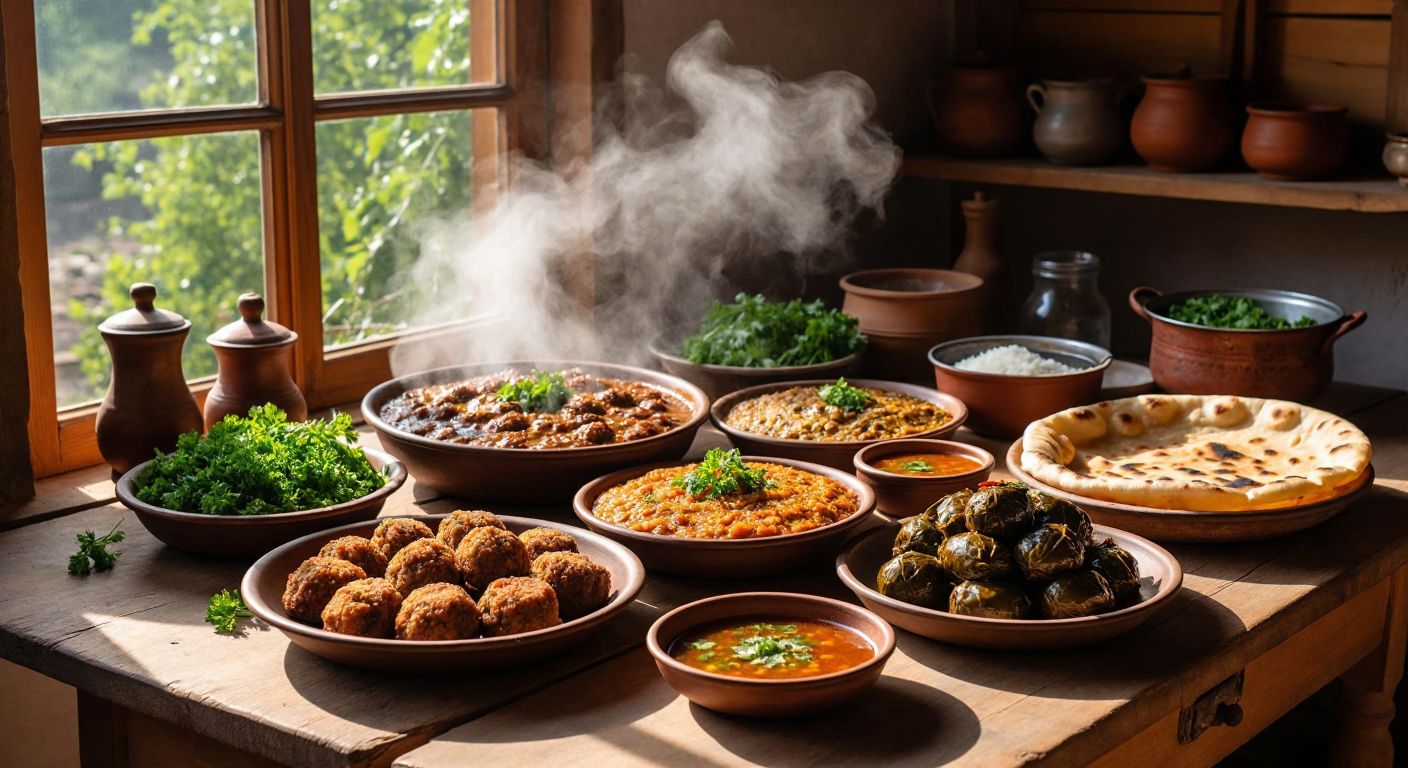 A rustic wooden table in a sunlit Bitlis home is laden with steaming plates of murtuğa drizzled with pekmez, golden-brown Bitlis köftesi, a bowl of tangy çorti aşı, and fragrant has dolması, surrounded by fresh herbs and warm flatbreads.