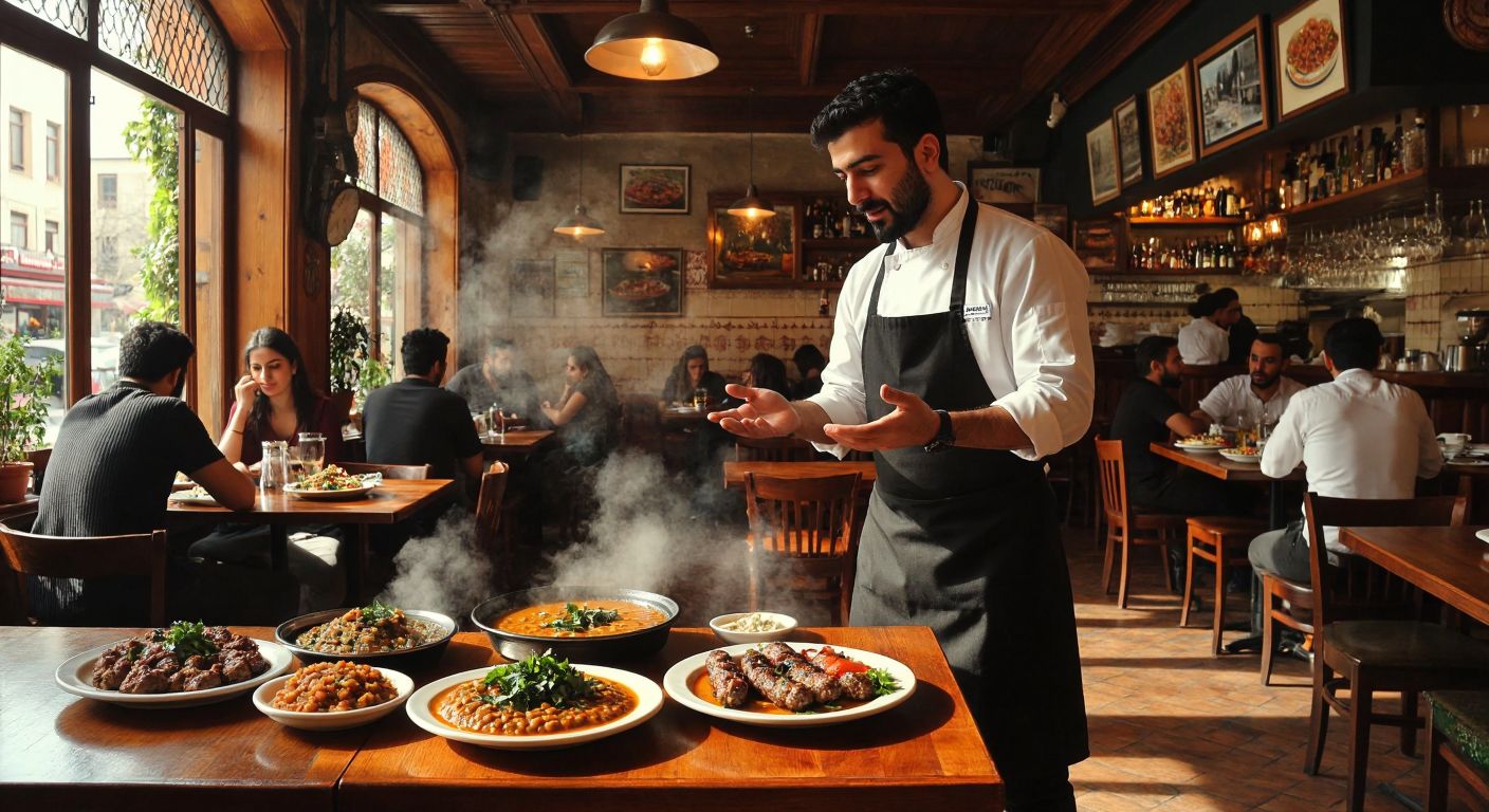 A warm, bustling Turkish diner with wooden tables and steaming plates of traditional dishes like lentil soup and kebabs, where a waiter in a white apron shakes his head politely to a customer asking about alcohol.