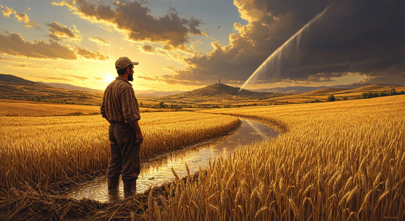 A Turkish farmer standing in a sunlit wheat field, looking concerned as water recedes from a nearby well, while a graph-shaped hill in the background subtly dips downward.