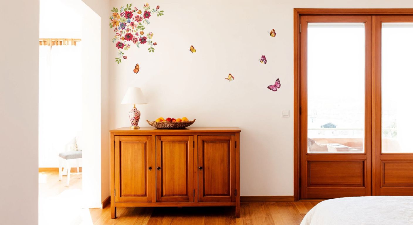 A bright, sunlit Turkish home interior with floral wall stickers adorning a smooth white wall, a wooden cabinet door, and a glass window, evoking a cheerful and cozy atmosphere.