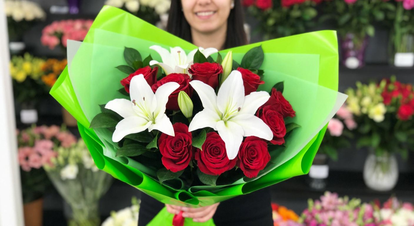 A vibrant bouquet of red roses and white lilies wrapped in glossy green paper, held by a smiling florist in a bustling Bursa flower shop with colorful arrangements in the background.