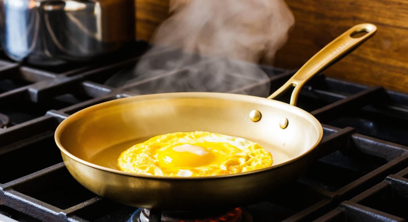 A small, gleaming golden frying pan sits on a stove, with a single perfectly cooked omelet inside, steam rising gently, evoking a cozy Turkish kitchen.