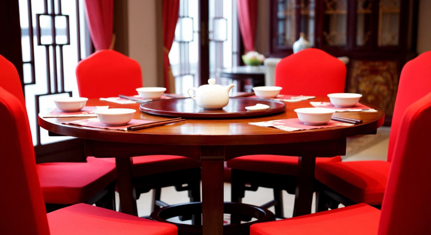 A round wooden dining table with elegant Chinese lacquer designs, set with chopsticks, small porcelain bowls, and a steaming teapot, surrounded by red silk chairs in a softly lit traditional Chinese dining room.