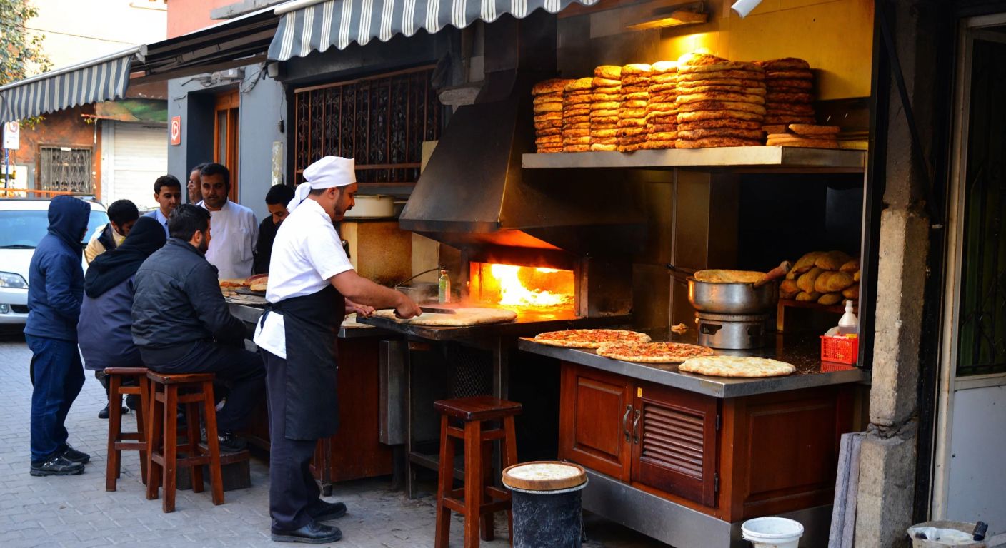 A bustling street-side lahmacun shop in Diyarbakır, with a warm golden glow from the oven, a mustachioed chef flipping fresh dough, and customers eagerly waiting on wooden stools under a striped awning.