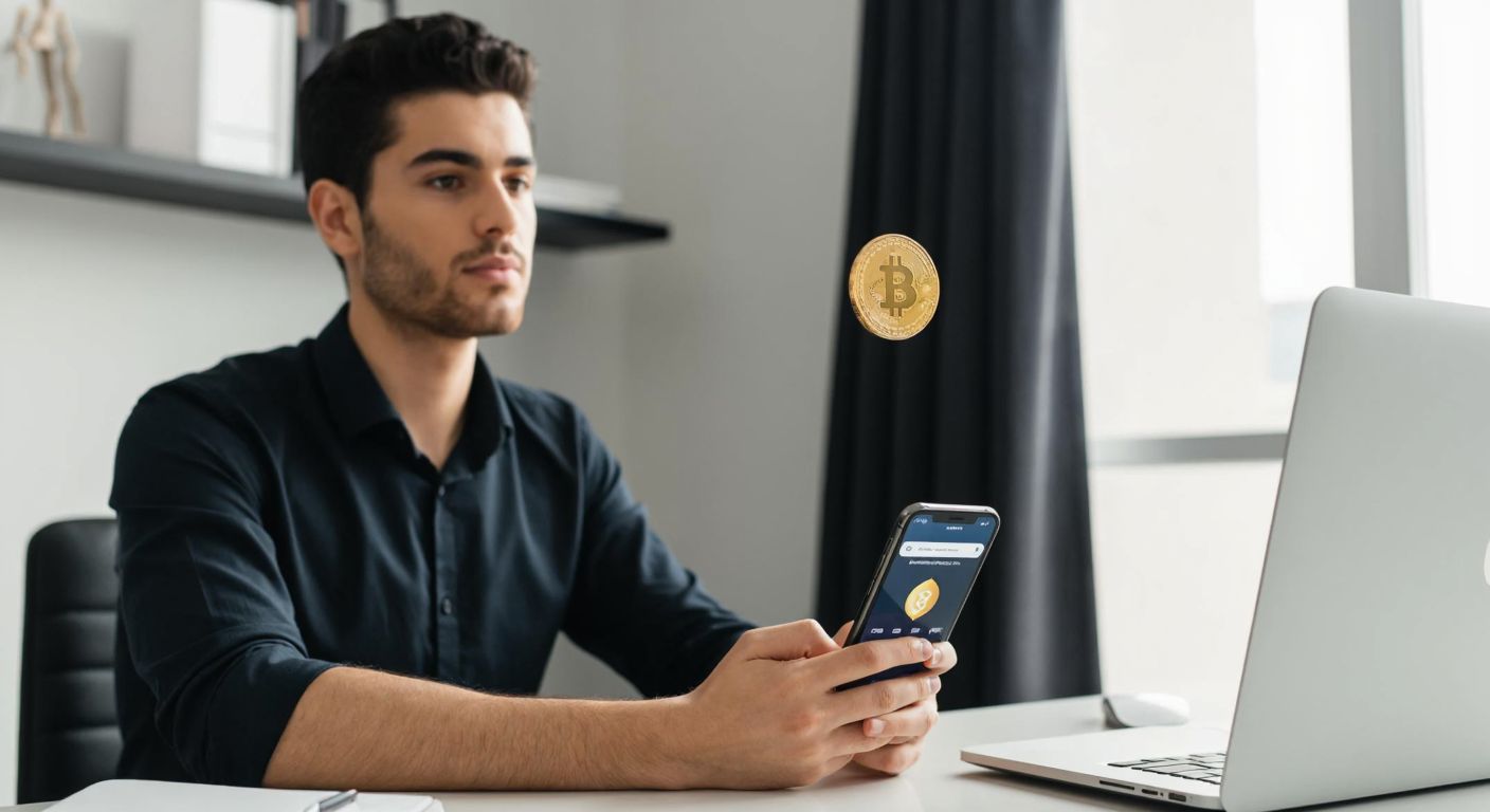 A young Turkish adult with a focused expression sits at a modern desk, holding a smartphone displaying a cryptocurrency app, while a golden coin hovers above their hand, symbolizing the campaign reward.