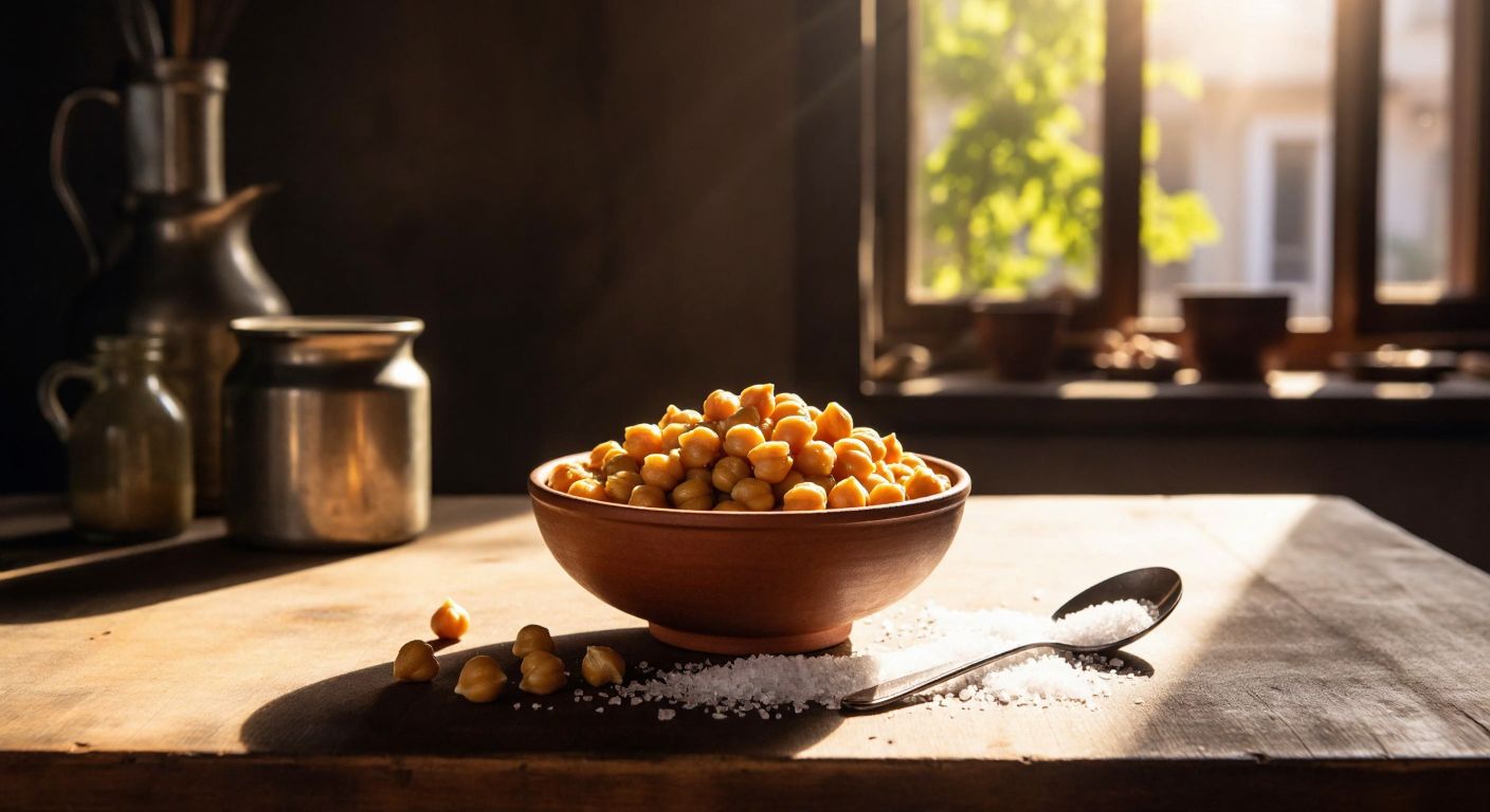 A small bowl of golden-brown chickpeas sits on a rustic wooden table in a sunlit Turkish kitchen, with a tiny spoonful of sugar beside it to visually represent the small amount of sugar content.