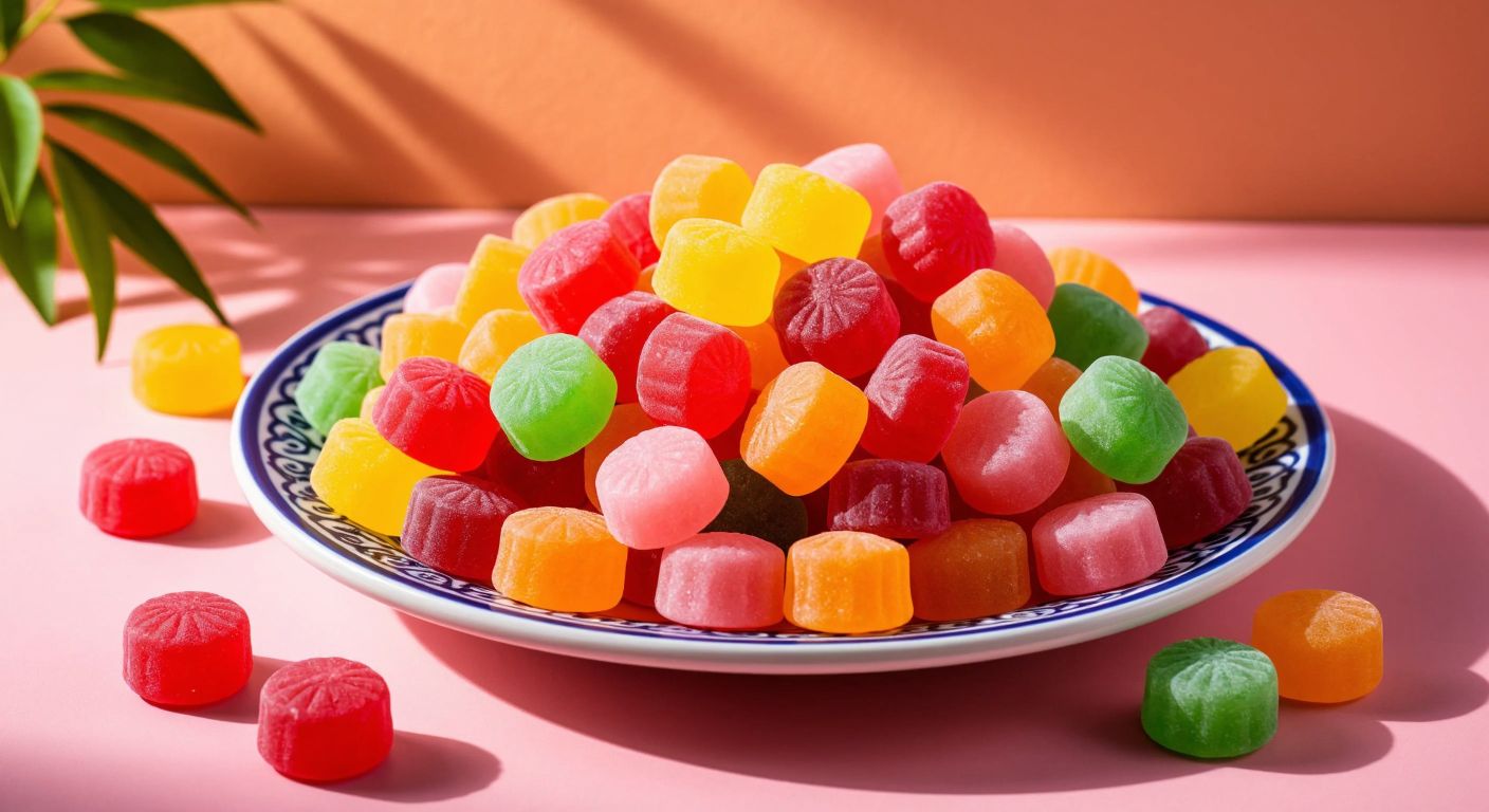 A vibrant display of colorful Kent candies—meyveli toffee, creamy sütlü şeker, and sour peach jelibon—arranged on a traditional Turkish ceramic plate against a warm, sunlit backdrop.