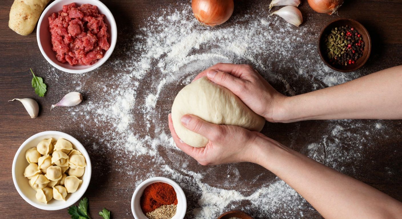 A pair of hands kneading soft dough on a flour-dusted wooden table, with small bowls of minced meat, onions, and spices nearby, evoking the preparation of Azerbaijani düşbere mantısı.
