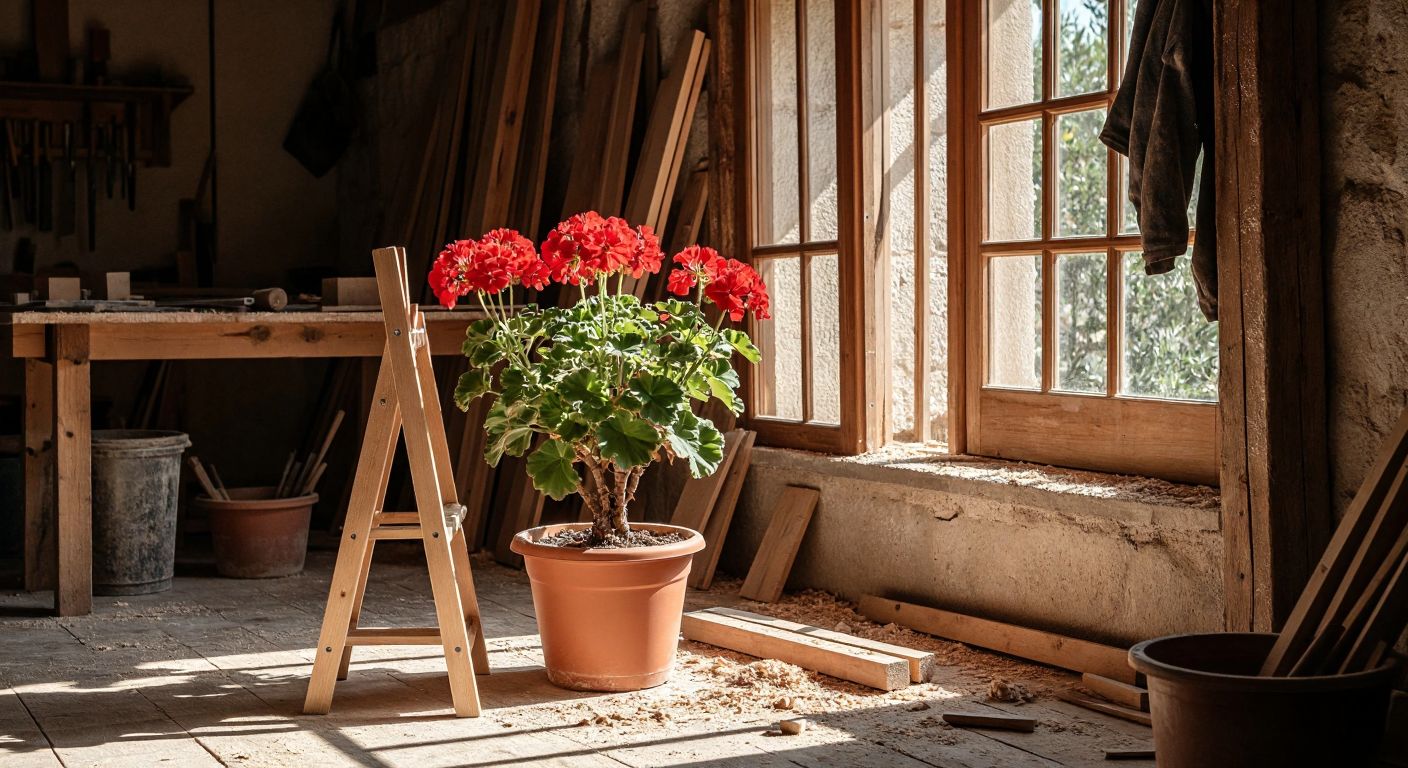 A sunlit Turkish workshop with rough wooden beams, scattered sawdust, and a craftsman’s hands assembling a sturdy wooden plant stand next to a vibrant terracotta pot filled with red geraniums.