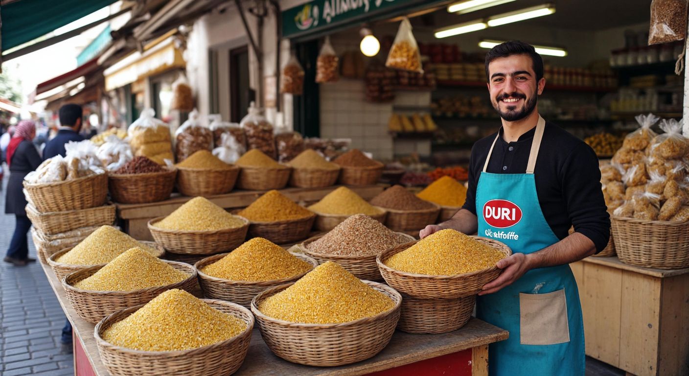A vibrant Turkish marketplace stall displays golden bulgur grains in woven baskets, with a prominent **Duru** brand bag beside them, as a vendor in a traditional apron smiles while holding a freshly prepared çiğ köfte mixture.