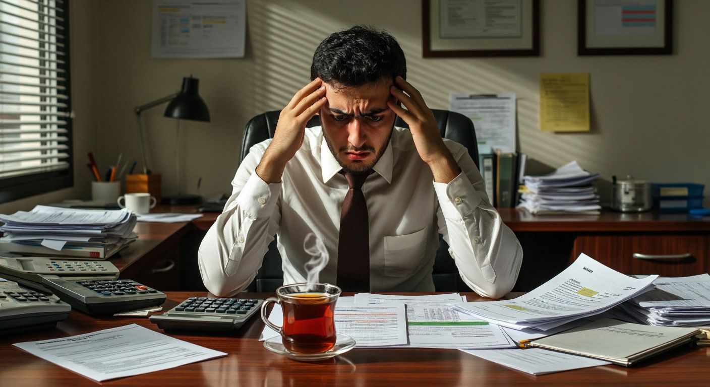 A frustrated Turkish office worker in a formal shirt sits at a cluttered desk with scattered papers, a calculator, and a steaming cup of çay, rubbing their temples while staring at a blank check.