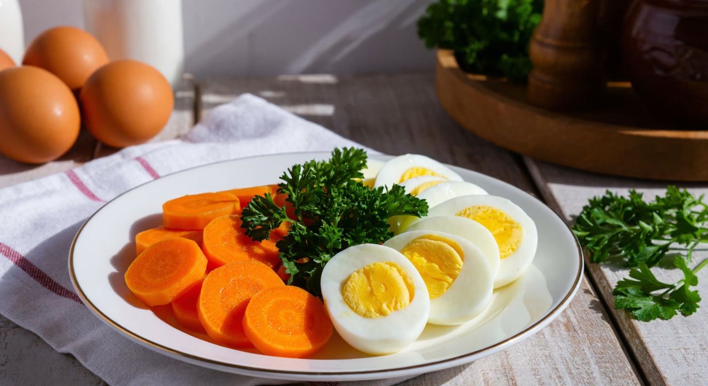 A rustic wooden table in a sunlit Turkish kitchen holds a plate of sliced boiled eggs and grated carrots, garnished with fresh parsley, evoking a sense of wholesome nourishment.