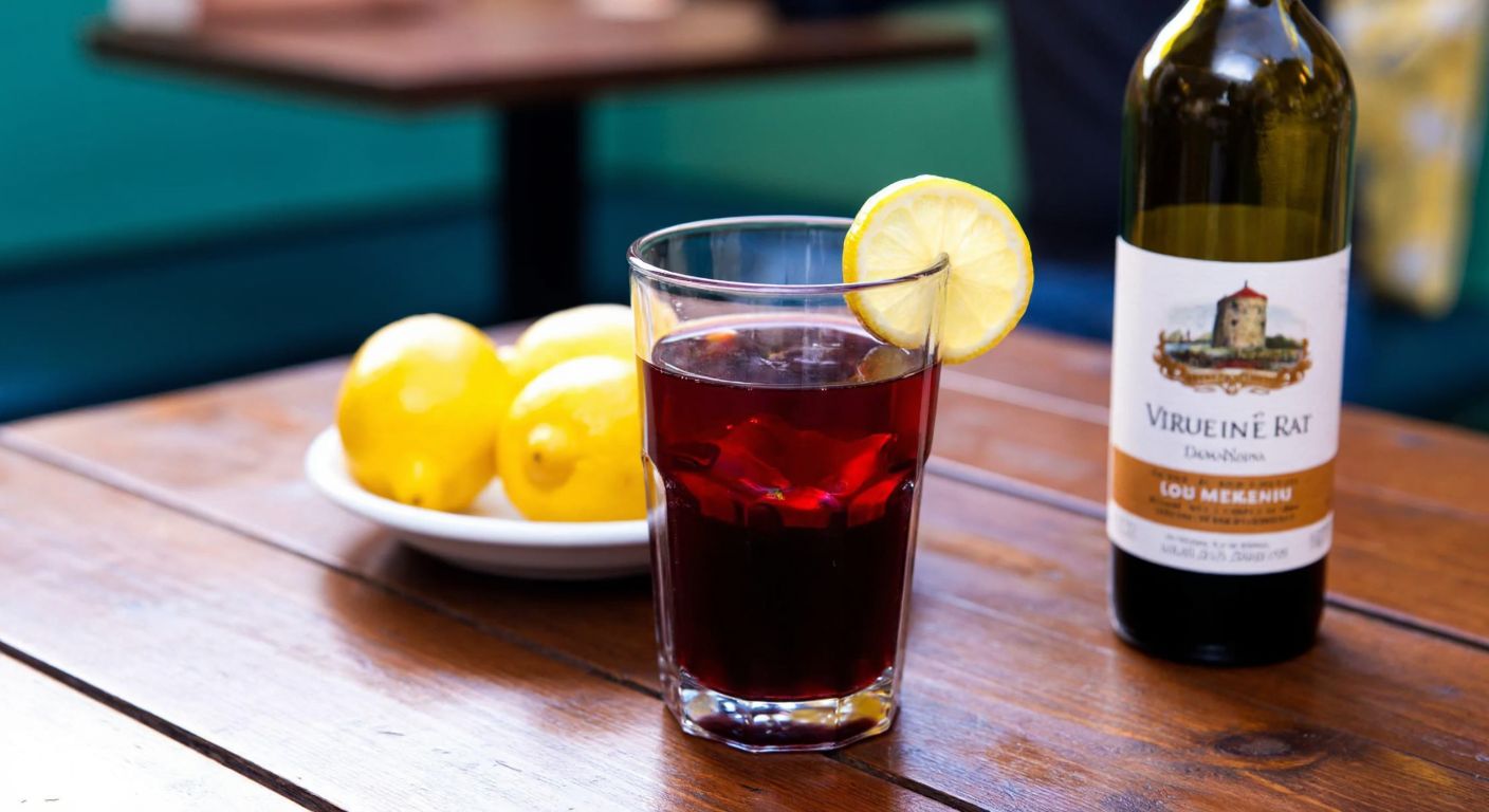 A rustic wooden table in a cozy Turkish tavern holds a glass of red wine with a lemon wedge on its rim, next to a small bowl of fresh lemons and a bottle of local wine, evoking a debate between tradition and experimentation.