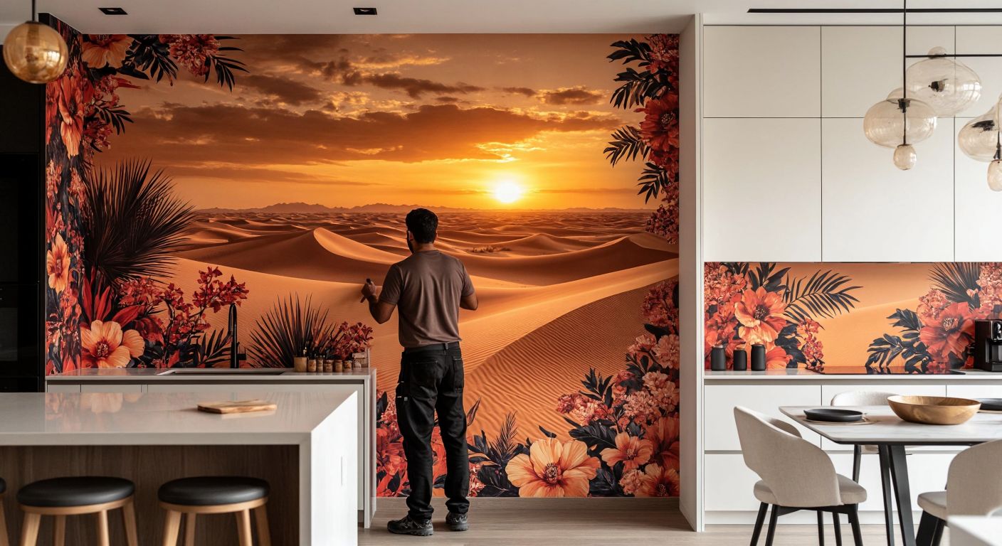 A sleek Dubai apartment interior with a craftsman carefully applying a custom-designed wallpaper featuring a desert sunset, while a modern kitchen nearby displays heat-resistant floral-patterned wallpaper.