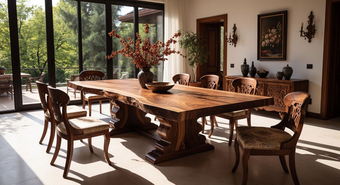 A polished walnut dining table with rich, swirling wood grain stands in a sunlit Turkish home, surrounded by hand-carved chairs and a craftsman smoothing its surface with care.