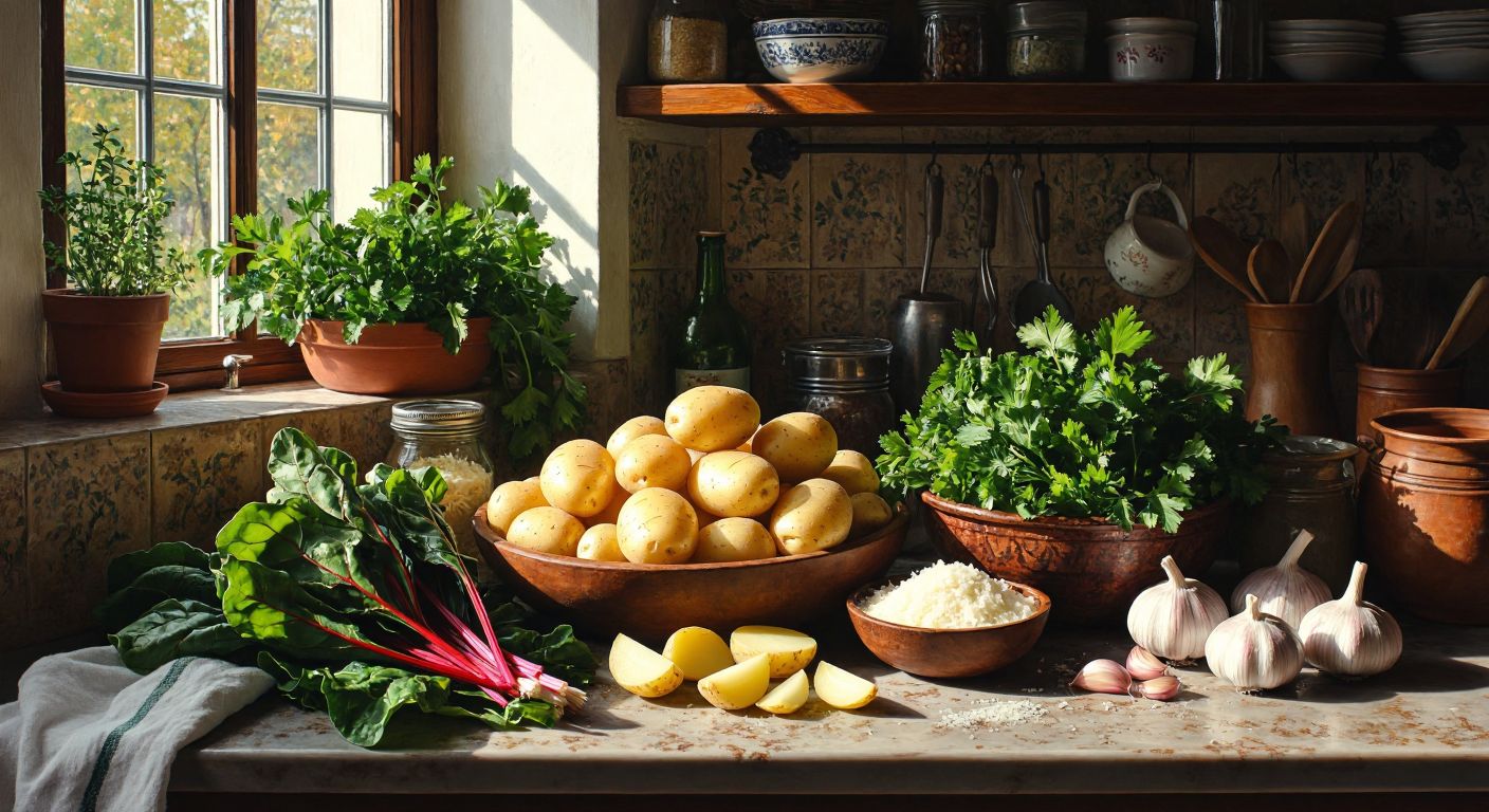 A rustic Turkish kitchen counter displays fresh ingredients for potato mücver—boiled potatoes, chopped onions, vibrant Swiss chard, garlic cloves, grated Parmesan, and a sprinkle of parsley—all bathed in warm sunlight.