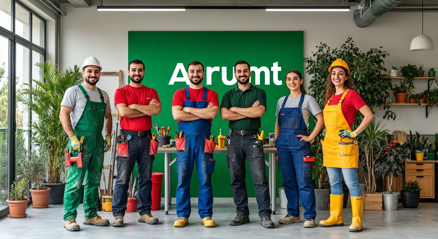 A vibrant digital marketplace scene in Turkey, with a diverse group of smiling tradespeople—a plumber, gardener, and painter—standing proudly beside their tools, while a modern office backdrop subtly displays the Armut.com logo merging with an Italian flag, symbolizing growth and partnership.