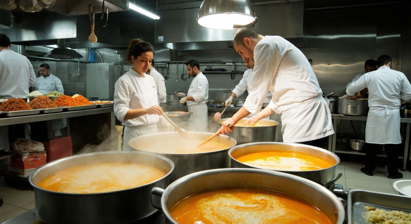 A bustling industrial kitchen in Kocaeli, Turkey, with chefs in white uniforms stirring large pots of steaming soup, surrounded by trays of freshly prepared dishes and the warm aroma of traditional tarhana soup filling the air.