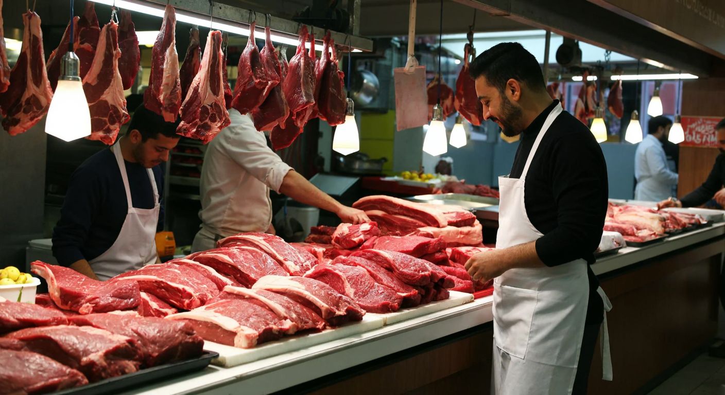 A bustling Turkish market stall with fresh cuts of red meat displayed on a clean counter, a vendor in a white apron smiling confidently, and a customer inspecting the meat under bright lights, conveying trust and quality.
