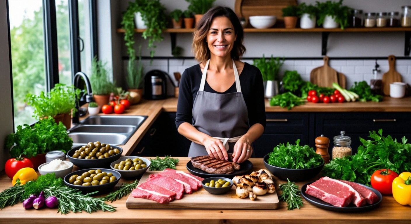 A vibrant Turkish kitchen counter displays fresh Whole30-approved ingredients like olives, grilled vegetables, lean meats, and herbs, with a smiling middle-aged woman in an apron arranging them neatly on a wooden cutting board.