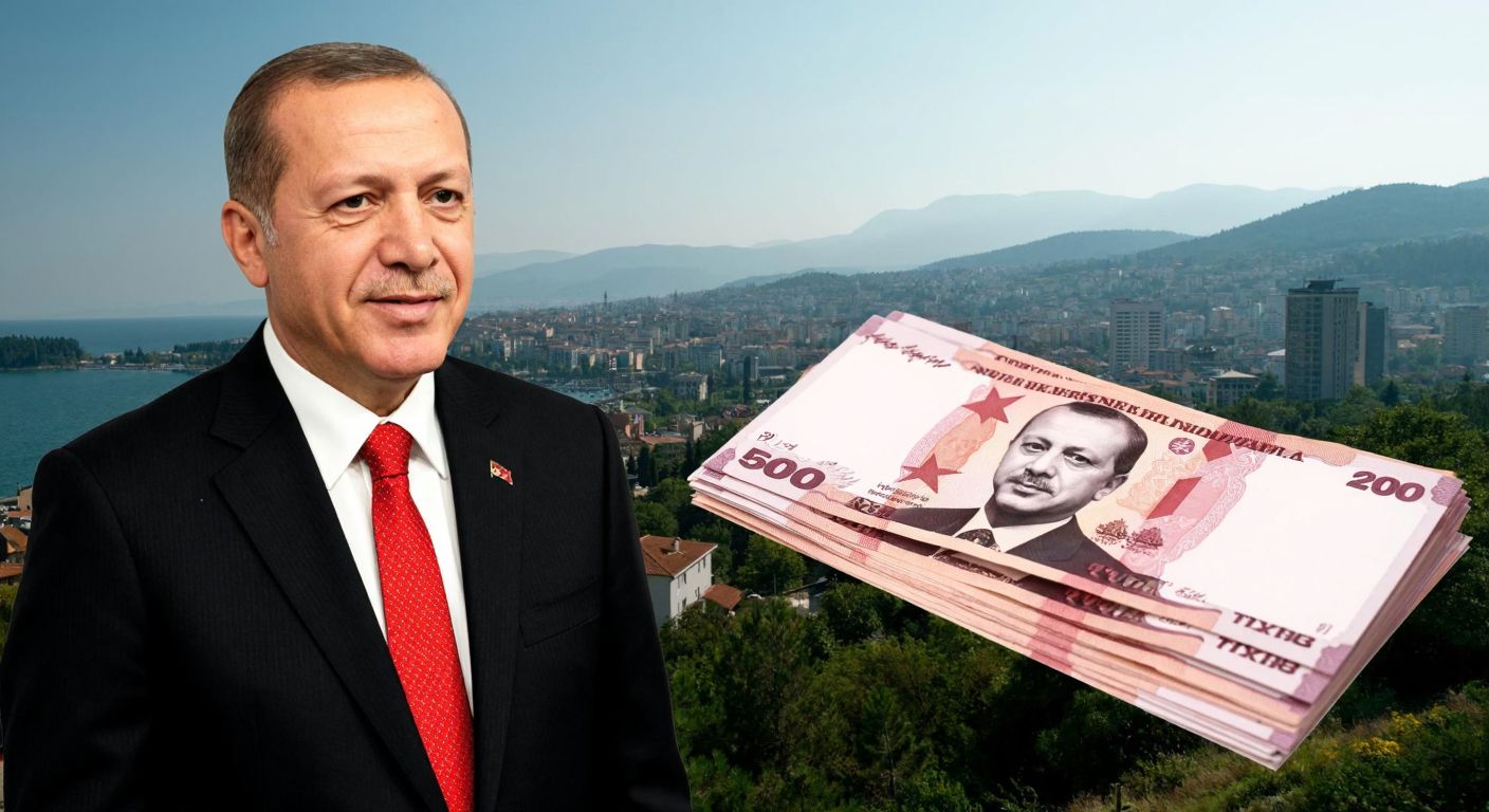 A dignified portrait of Recep Tayyip Erdoğan hovering beside a stack of blank Turkish lira banknotes, with a cityscape resembling Bolu in the background.