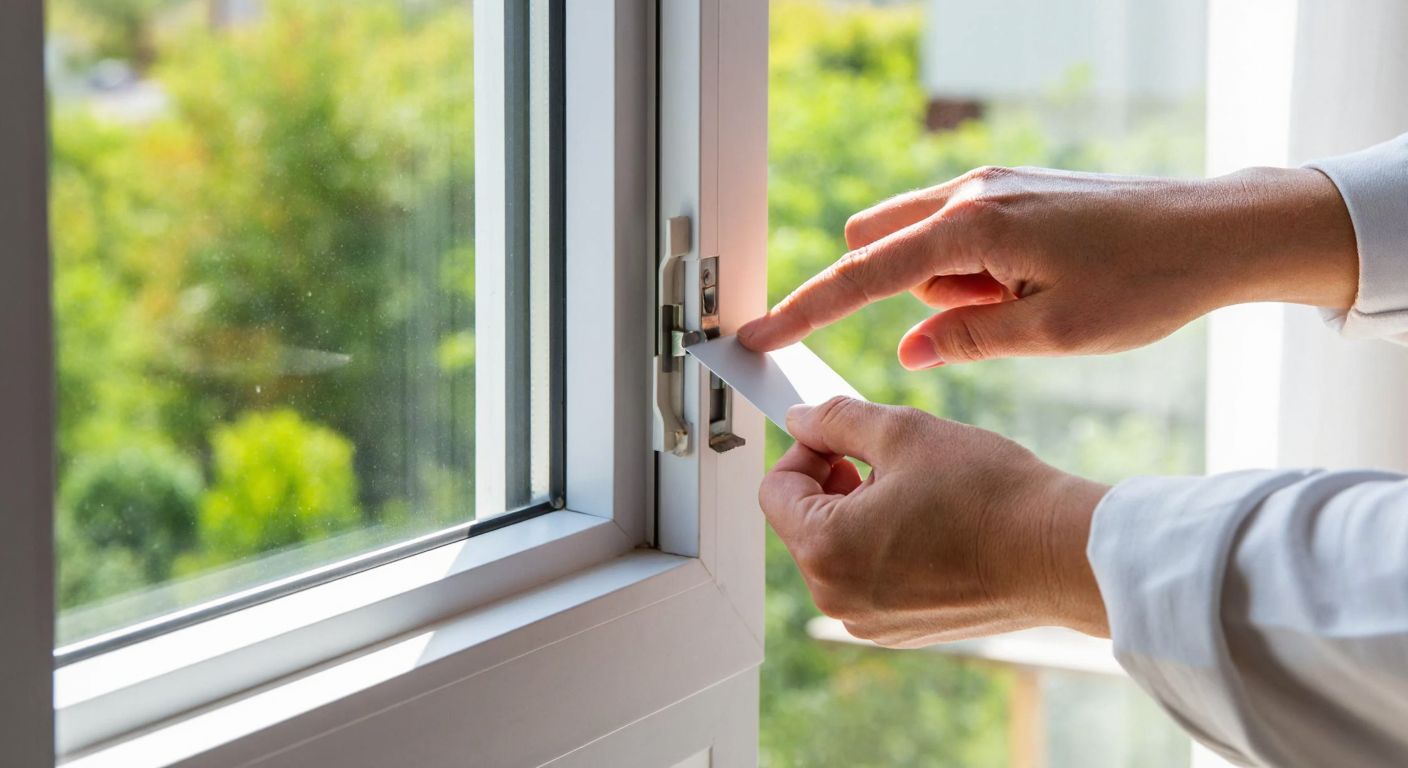 A close-up of a person’s hands carefully pressing a self-adhesive window seal onto a clean, white PVC window frame in a sunlit Turkish home.