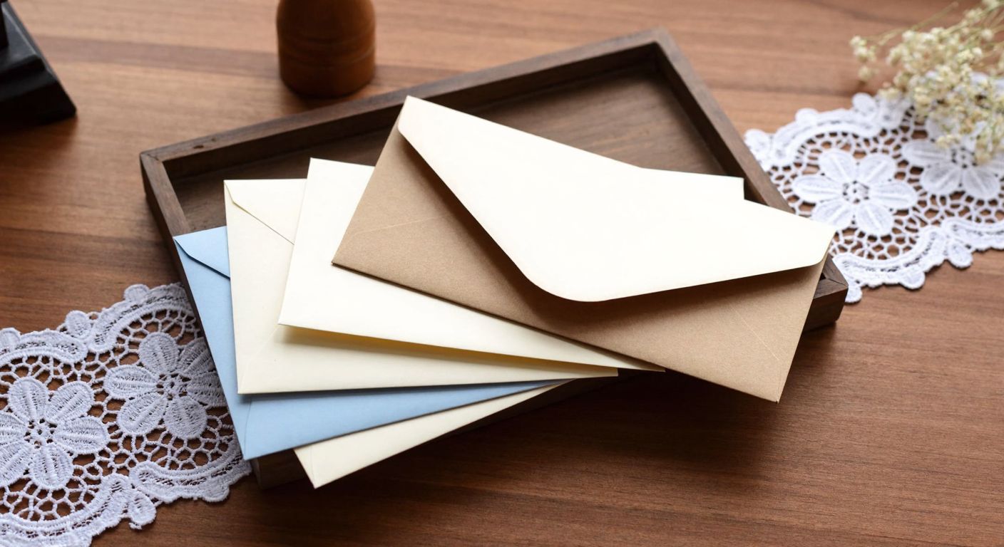 A neatly arranged stack of elegant 11×22 cm invitation envelopes in varying shades of cream and kraft brown, resting on a wooden table with a delicate lace doily underneath.