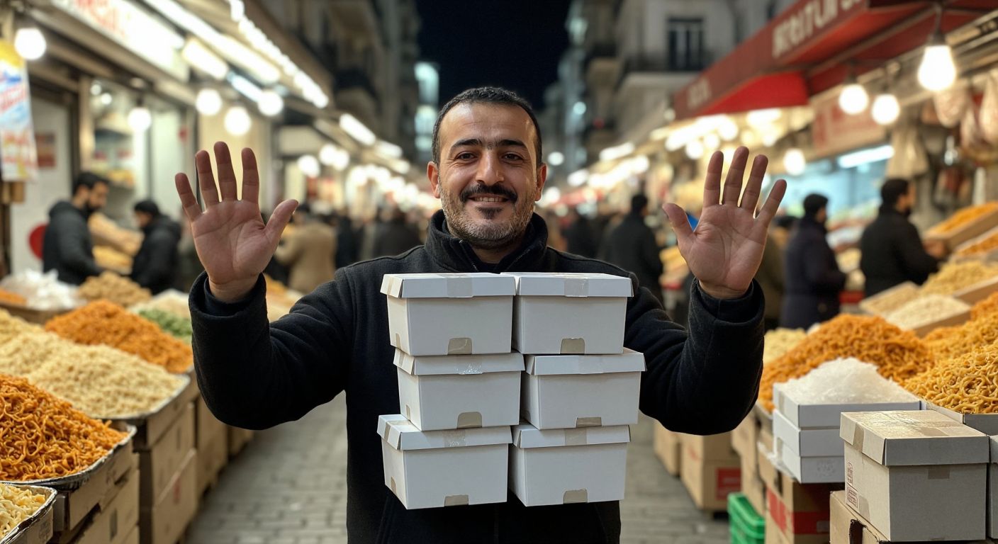 A stack of white cardboard noodle boxes with a Turkish vendor in a bustling marketplace holding up five fingers on one hand to signify fifty pieces.