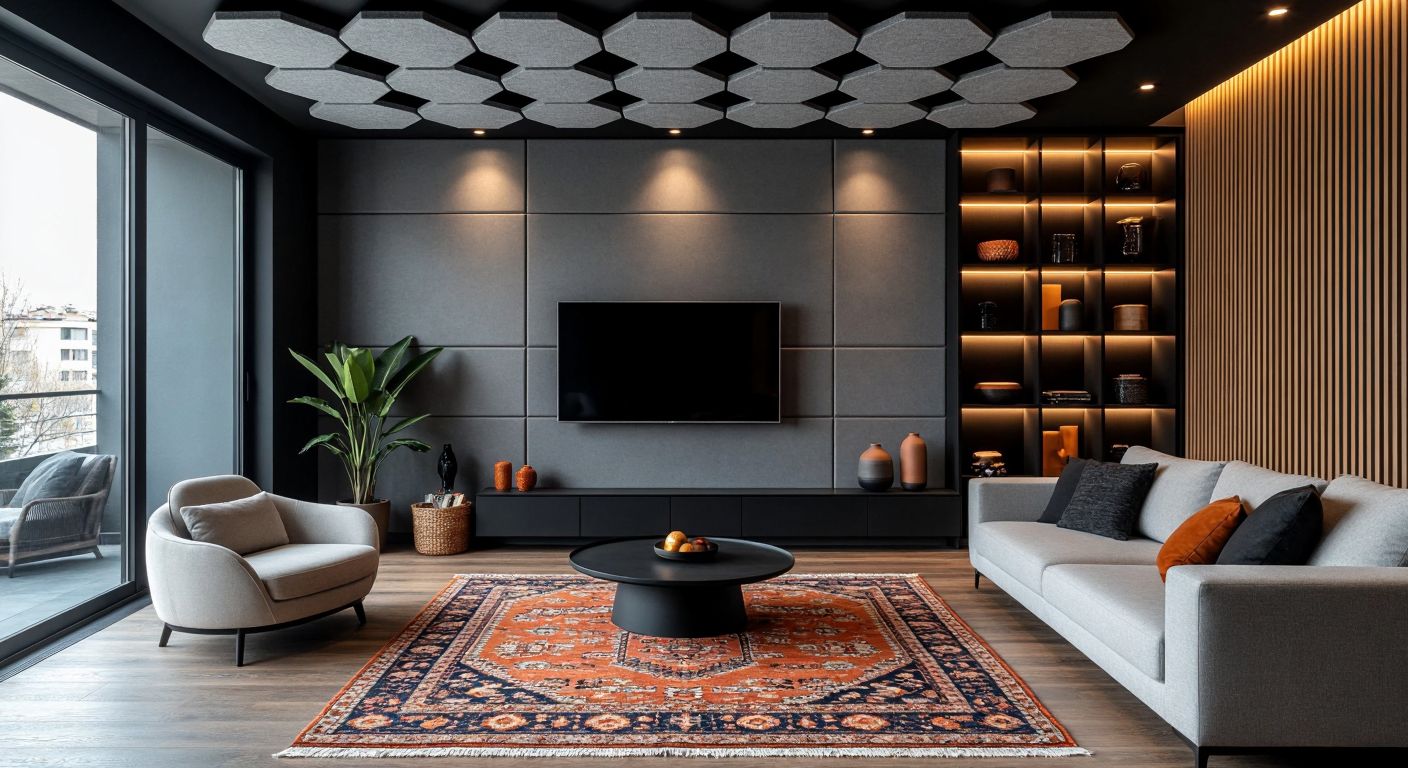 A modern Turkish living room with textured gray acoustic panels on the walls, a patterned kilim on the wooden floor, and a designer placing hexagonal foam tiles on the ceiling while adjusting a sleek bookshelf filled with decorative objects.