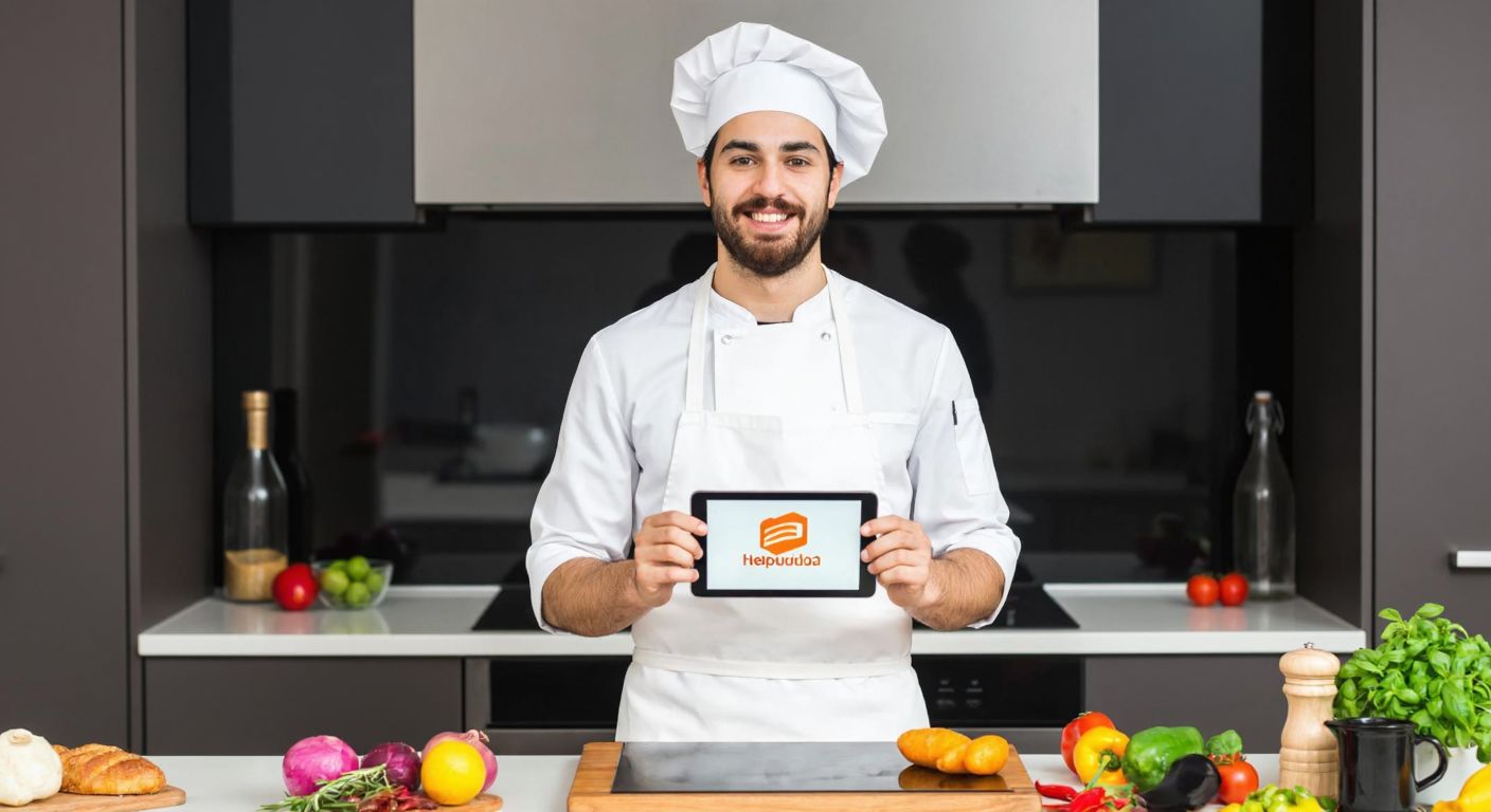 A cheerful Turkish chef in a white apron stands proudly in a modern kitchen, holding a tablet displaying the Hepsiburada logo, surrounded by fresh ingredients and colorful spices.