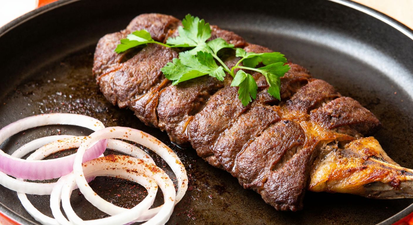 A golden-brown fried beef spleen sizzling in a deep pan, garnished with fresh parsley and served alongside thinly sliced onions sprinkled with sumac, evoking the rich flavors of Turkish cuisine.