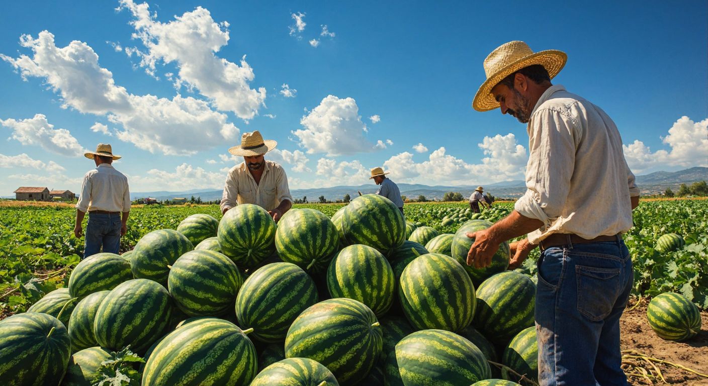 A sunlit field in İzmir with ripe watermelons piled high, surrounded by farmers in straw hats and rolled-up sleeves harvesting the fruit under a bright blue sky.