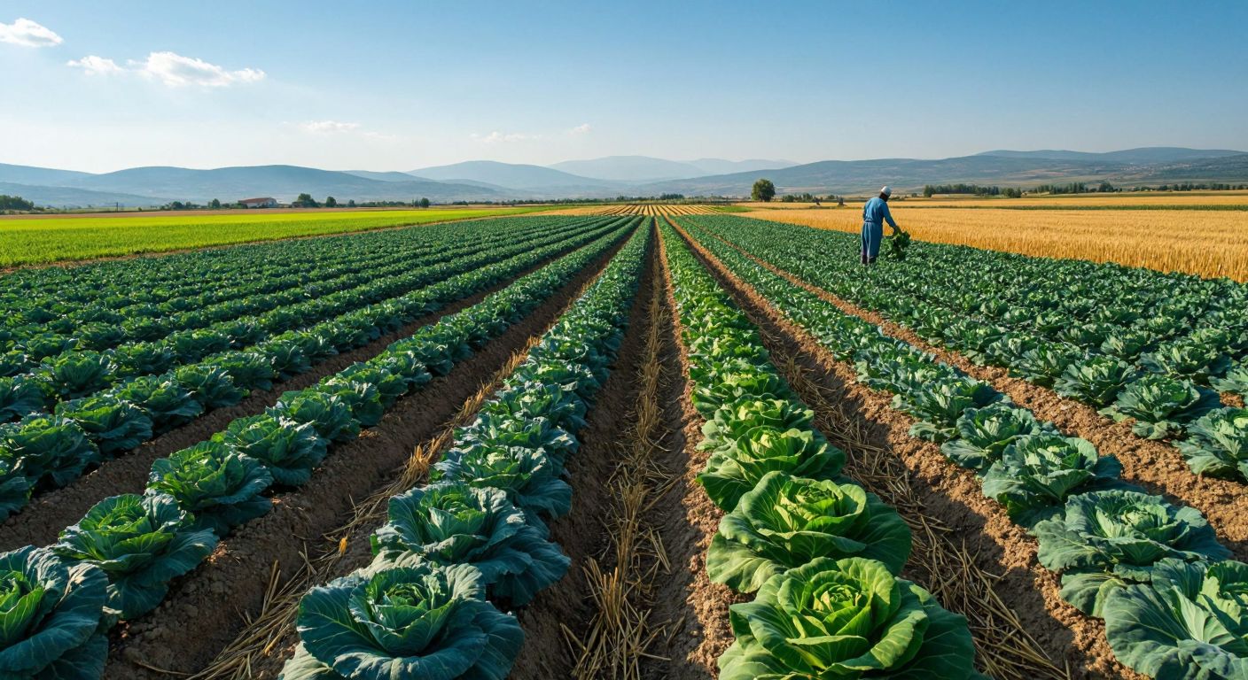 A sunlit field in Bafra Ovası with rows of vibrant green vegetables like broccoli and cabbage, golden wheat stalks swaying in the breeze, and a farmer in traditional Turkish rural attire inspecting the crops.