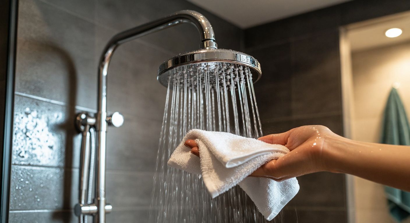 A gleaming stainless steel showerhead in a modern Turkish bathroom, with soft water droplets reflecting light, while a hand gently wipes it with a clean cloth to maintain its shine.