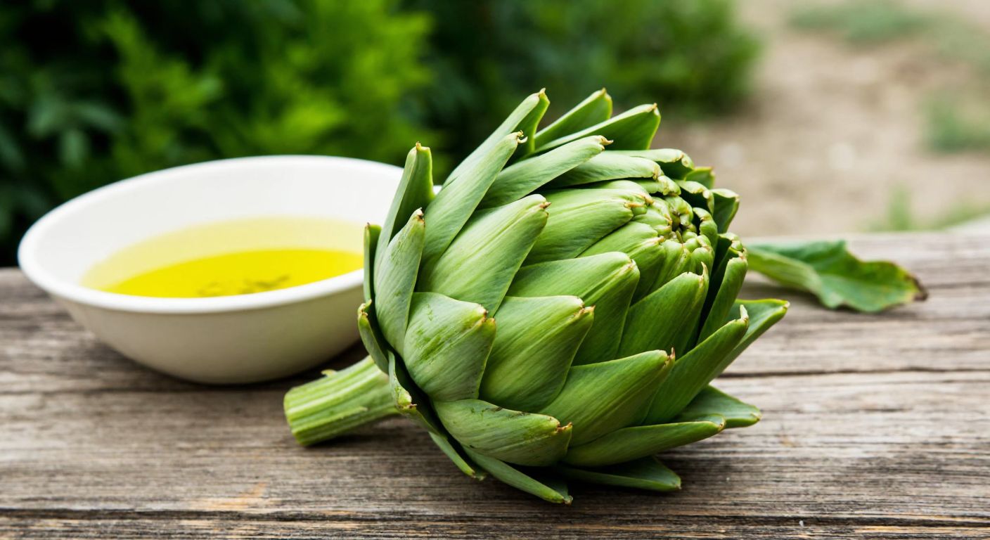 A vibrant green Urla artichoke with straight leaves and a cup-shaped head, freshly harvested and placed on a rustic wooden table beside a bowl of olive oil, evoking the mild climate and culinary traditions of Turkey’s Aegean region.