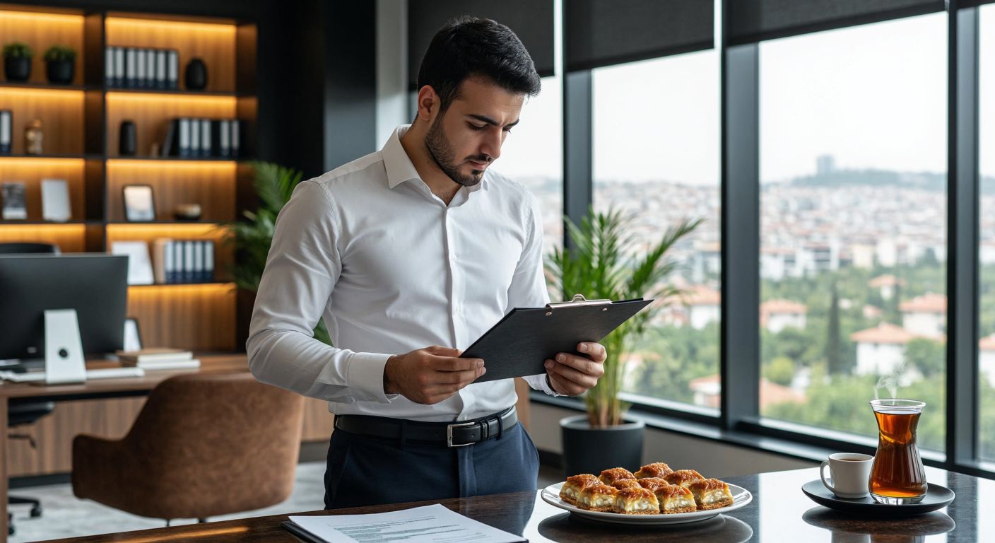 A Turkish investor in a crisp white shirt and dark trousers thoughtfully examines a document while standing in a modern office with a plate of Balsu-branded baklava and a steaming cup of Turkish coffee on the desk beside them.