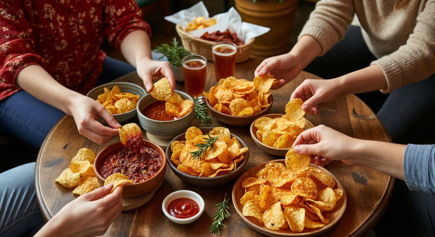 A vibrant table in a Turkish café displays open bags of Lay's chips with distinct flavors—spicy red, smoky barbecue, rosemary-sprinkled, and garlic-seasoned—surrounded by eager hands reaching to taste.