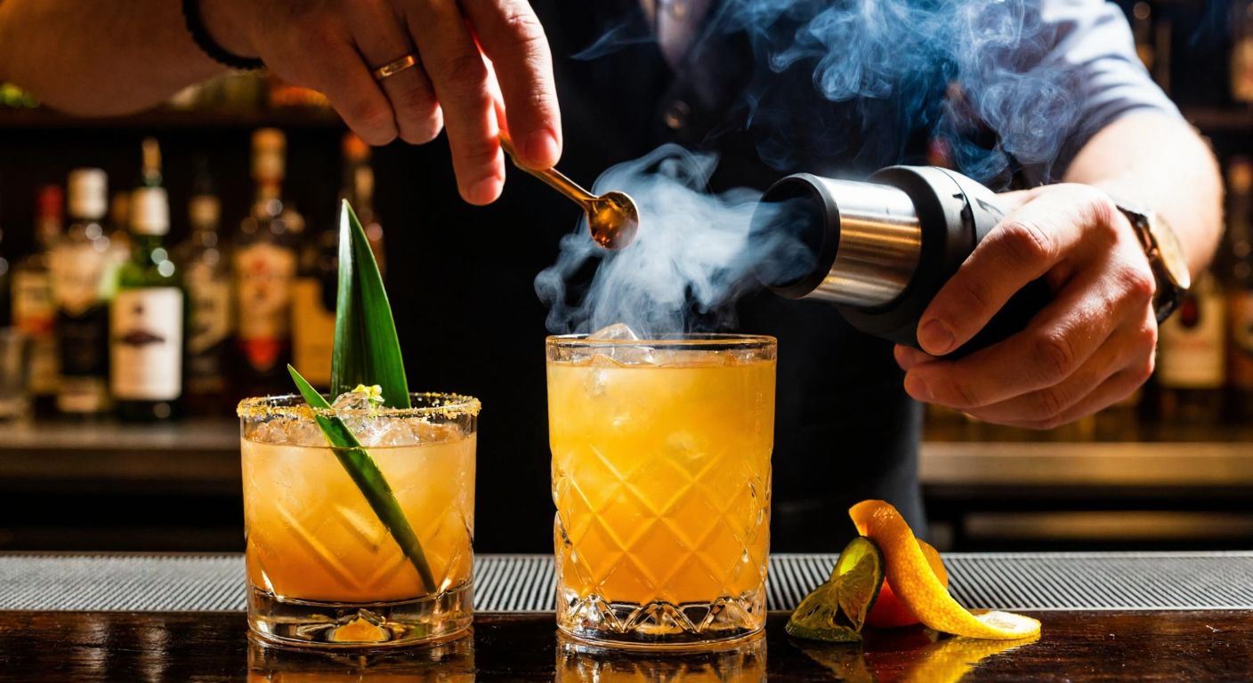A bartender in a dimly lit Istanbul cocktail bar carefully infuses a glass of amber-colored Old Fashioned with smoky aromas using a handheld smoke infuser, while tropical Mai Tai drinks with citrus garnishes sit nearby.