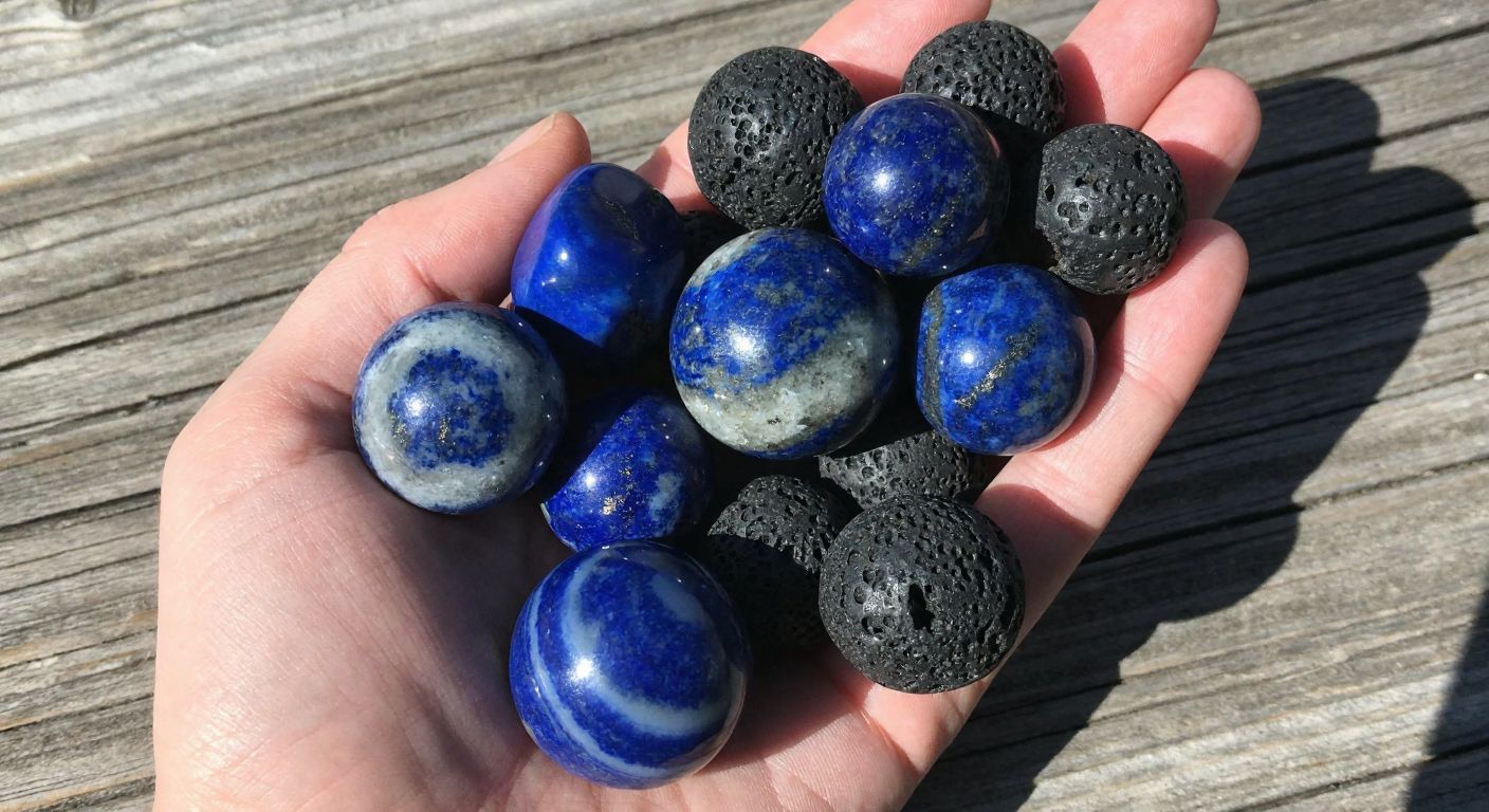 A hand holding a collection of polished volcanic stones—deep blue lapis lazuli, banded agate, and porous lava rock—resting on a rustic wooden table in warm sunlight.
