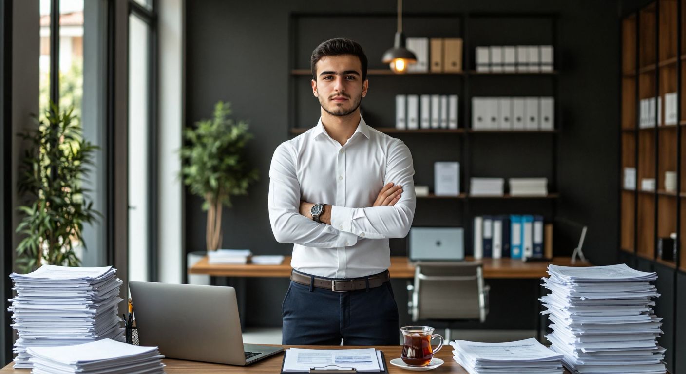 A young professional in a crisp white shirt and dark trousers stands confidently in a modern Turkish office, surrounded by stacks of documents, a laptop, and a steaming cup of Turkish tea, symbolizing career opportunities in economics, food engineering, and medical marketing.